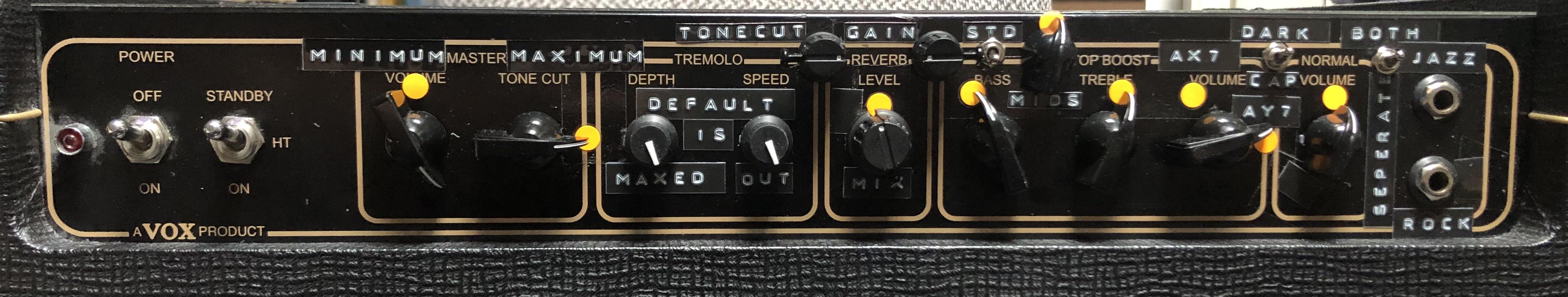 Modified Vox AC15C1 amplifier control panel